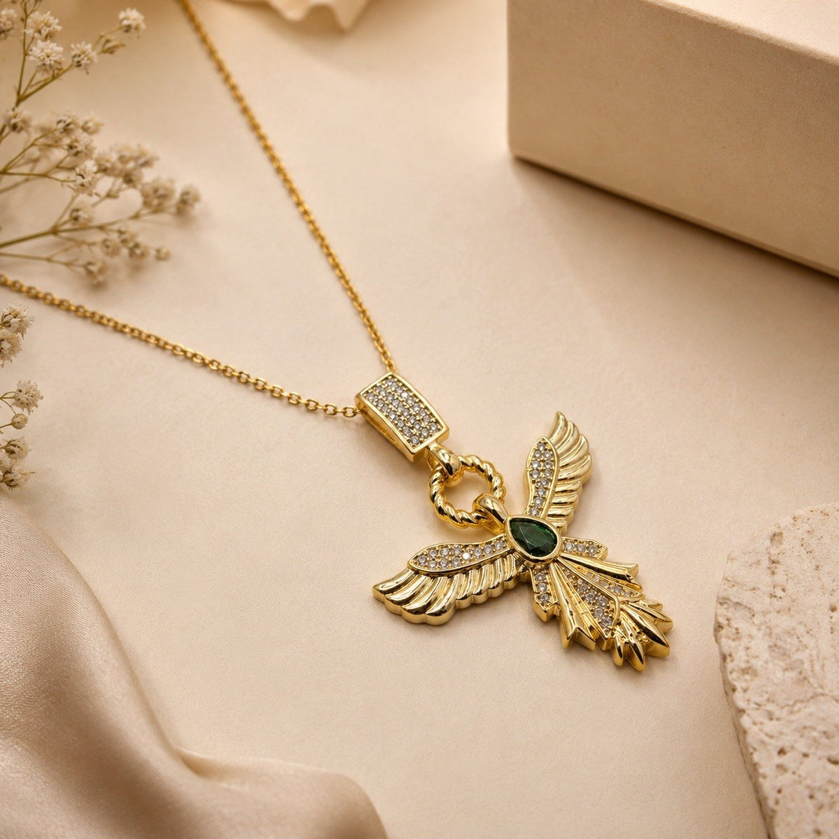 Angel Wing Emerald Pendant Necklace