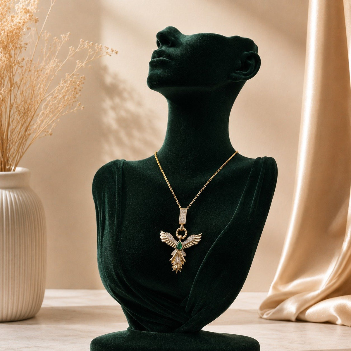 Angel Wing Emerald Pendant Necklace