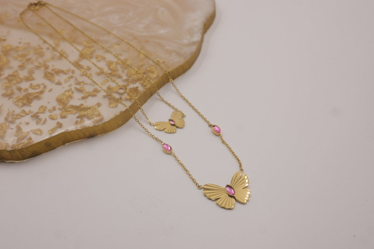 Pink Butterfly Layered Necklace