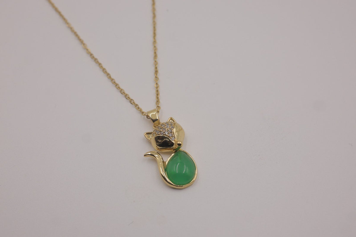 Green Stone Cat Pendant Necklace